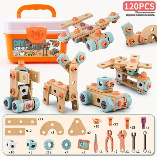 DIY assembly toy, wooden building set, electric drill toy for kids, educational construction toy, creative puzzle set, children's tool kit, Australian toy, hand-eye coordination toy - Multi - Size 120pcs