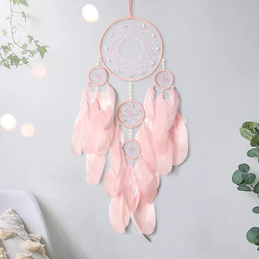 Handmade Feathers Wall Hanging Ornament Room Decor Bohemian Home Decor Craft Blessing Gift (pink-1)