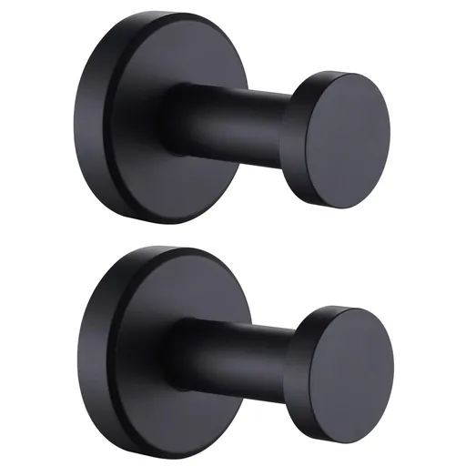 Bathroom Towel Hook 2 Pack, Stainless Steel Round Coat Robe Hanger, Contemporary Decorative Toilet Kitchen Clothes (Matte Black)