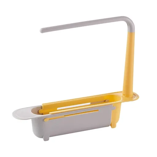 Extendable Over Sink Dish Drainer, Adjustable Kitchen Caddy with Drain Basket, Sponge Holder and Towel Rail for Washing Up, Yellow