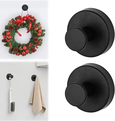 Suction Cup Hooks - 2025 Upgraded Stainless Steel Heavy Duty No Drill Hooks for Wreaths on Glass, Shower Towels & Front Door (2, Black)