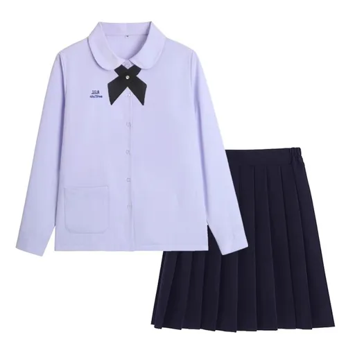 Thai School Uniform Shirt Cotton Blend Embroidery Badge Thai women's long-sleeved shirt + navy blue skirt