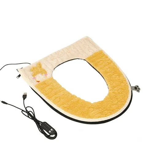 USB-Powered Heated Toilet Seat Cover with Soft Plush and Waterproof PU Leather, Adjustable Temperature and Timer, Easy-Clean Design for Warm and Cozy Bathroom Experience (Yellow)