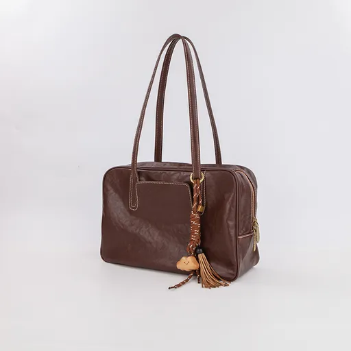 Large Size Coffee Brown Vintage Genuine Split Leather Bowling Bag for Women - Retro Top Handle Satchel & Crossbody Purse