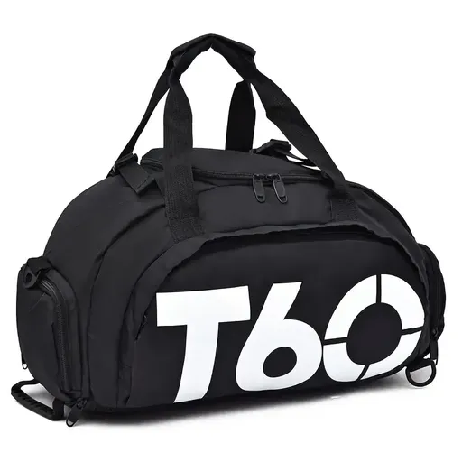 T60 Upgraded Sports Bag: Wet-Dry Separation + Independent Shoe Compartment, Large Capacity, Multiple Carry Options – A Must-Have for Travel./White characters on black background