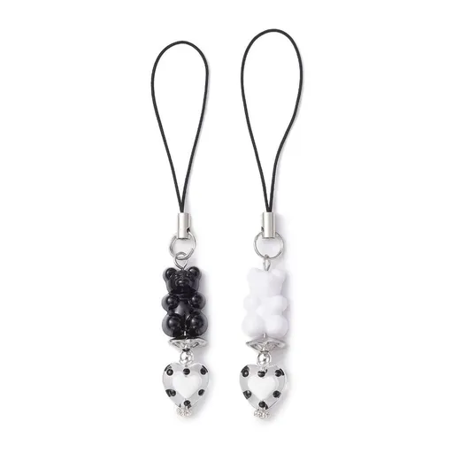 2Pcs Colorful Phone Lanyard Lovely Bear Glass Heart Keychain Anti-Lost Phones Chain Cellphones String Strap Accessory