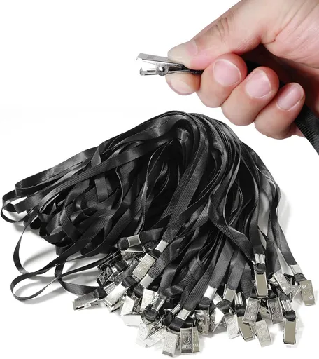 50 Pack Black Lanyard with Clip, Bulk Flat Neck Lanyards for ID Badges Name Tags Card Holders