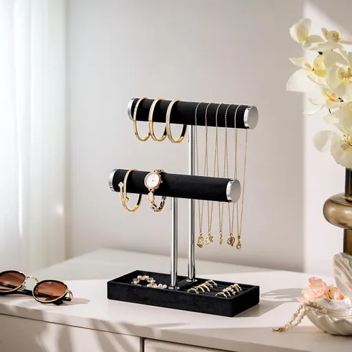 2 Tier Bracelet Holder Display, Necklace Holder Organizer, Velvet Necklace Holder | Jewelry Tree | Jewelry Towers | Jewelry Stand Organizer for Necklaces, Bracelets, Earrings, Rings - Black - Size 2 Tier