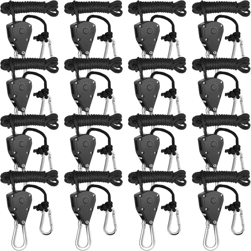 16pcs Heavy Duty Adjustable Lifting Pulley Ratchets Rope Clip Hanger Lanyard Strap with Aluminium Carabiners Internal Gears for Hanging Fixtures Reflectors Carbon Multipurpose Use