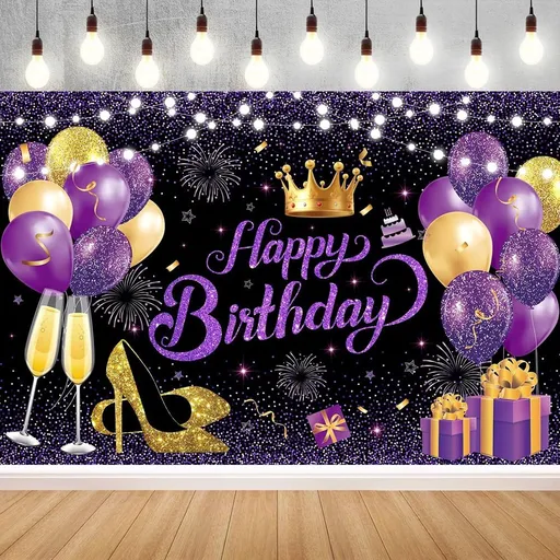 180x110 cm Black Purple Gold Happy Birthday Party Backdrops Cloth 71x43 in. Birthday Celebration Photography Backgrounds Glitter