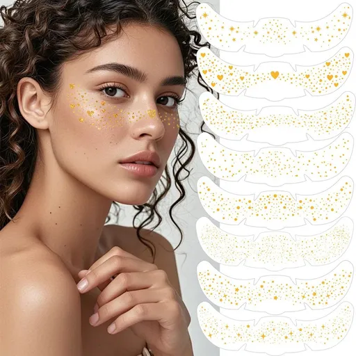 16 Piece Gold Glitter Freckles Face Tattoo Set, Waterproof Holographic Design