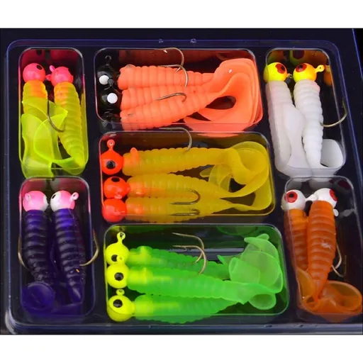 17pcs Worm Lures, Fishing Jigs Head Hooks Kit, Soft Plastic Tail Worm Lure Bait, Jigs Buster Tubes Baits for Crappie Bass Trout, Suitable for Both Saltwater & Freshwater Fishing, Random