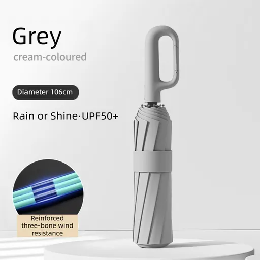 Grey Heavy Duty Fully Automatic Carabiner Umbrella with Integrated Hook Handle (Diameter 106CM) - Ultra Windproof and UV Protective Sun & Rain Umbrella