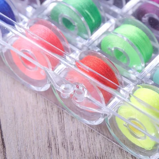 25-Piece Clear Bobbin Organizer Box with Assorted Colorful Threads for Sewing, Quilting, and Craft Projects