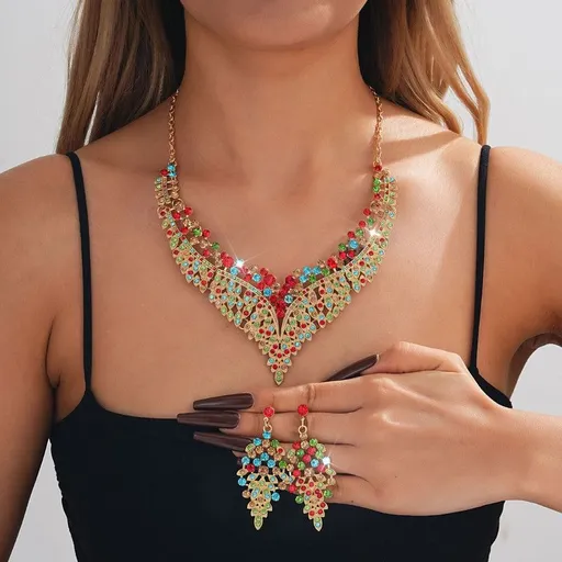 Affordable Luxury, Statement-Making Full-Diamond Necklace and Earring Set, Accessories for Banquets, Parties, and Weddings – Assorted Colors