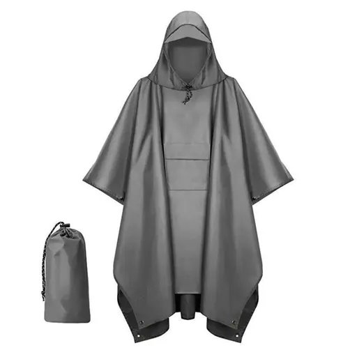 Waterproof Rain Jacket Poncho 3-in-1 Multifunctional with Hood, Gray