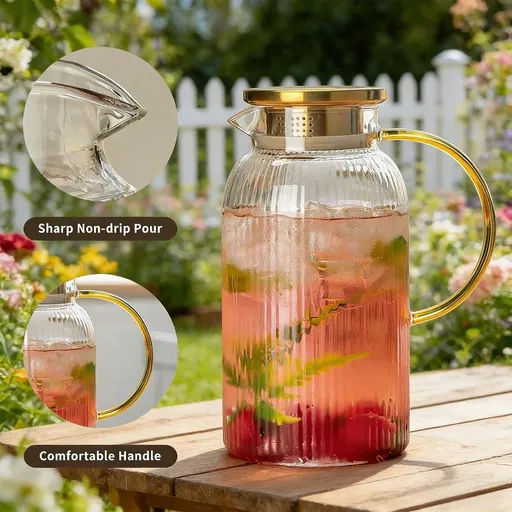 Large Capacity Glass Pitcher with Lid and Filter | 2000Ml Glass Beverage Dispenser | High Borosilicate Glass Water Jug for Iced Tea, Lemonade, and Cold Drinks