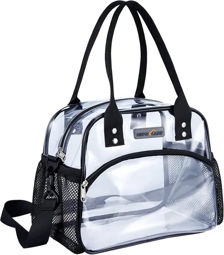 Clear Multi-purpose Tote Bag, Transparent Lunch Bag with Removable Bottom Board, Adjtable Shoulder Strap, Stadium Approved, 12 * 9.8 * 6 Inches, 4.97L, Clear PVC, Hand Wash