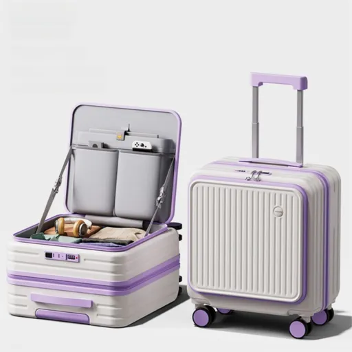 Purple and white Front Opening Carry On Luggage 18 Inch - Lightweight Hard Shell Suitcase with Spinner Wheels, Shockproof Laptop Compartment, USB Charging Port - Ideal for Business Trips and Short Travels
