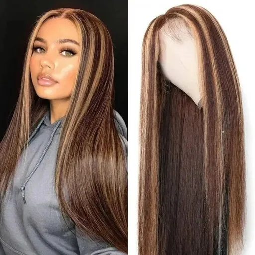 Long Straight Brown Mixed Blonde Synthetic Wigs for Women Middle Part Highlights