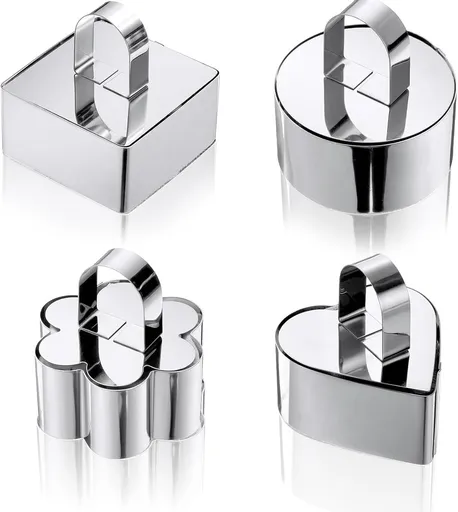 4 pieces - stainless steel - dessert rings - cake rings - with handle - molds - for baking and cooking cakes, mousses, and desserts - 8*3.8 cm - silver - square, round, heart shape, flower shape
