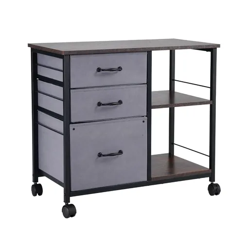 Mobile Metal File Cabinet with 3 Fabric Drawers and 2 Open Shelves Brown