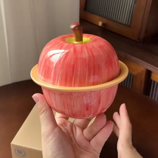 Cute Apple Ceramic Soup Bowl with Lid Steamer Egg Custard Dessert Yogurt Bowl Gift