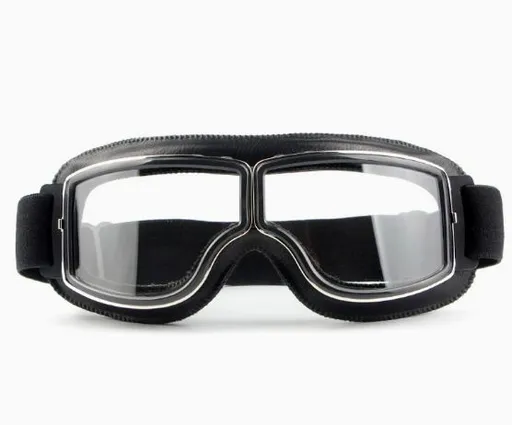 Retro Black Motorcycle Goggles, Anti-Fog Motocross Riding Goggles with Leather Strap - Transparent