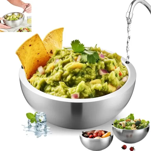 Dip Chiller Bowl 35oz Stainless Steel Salad Bowl, Stylish Insulated Double-Wall Serving Bowl with Water Injection Hole, Versatile for Keeping Food Hot or Cold