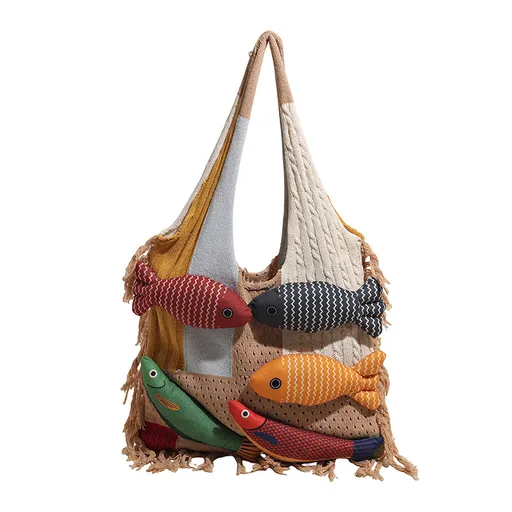 Khaki handbag strap Knitted Patchwork Tote Bag – Spacious, Fringed, Single-Shoulder Design