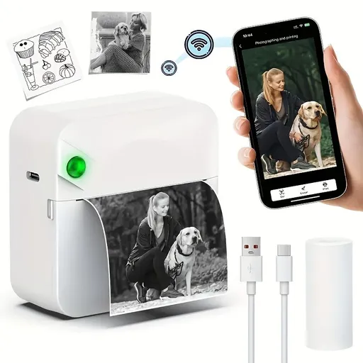 (White）Inkless Sticker Printer Mini Thermal Printer with Roll Thermal Paper, Wireless Pocket Printer, Smart Portable Receipt Printer for Photos, Diaries, Notes, and Preparation Work.