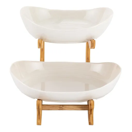 CARLA HOME 2-Tier Plastic Fruit Bowl Basket with Bamboo Stand for Kitchen Counter, Snack Tray, Dessert Server & Vegetable Storage Rack