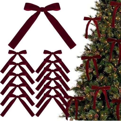 12 Christmas Bows for Tree, Velvet in Burgundy