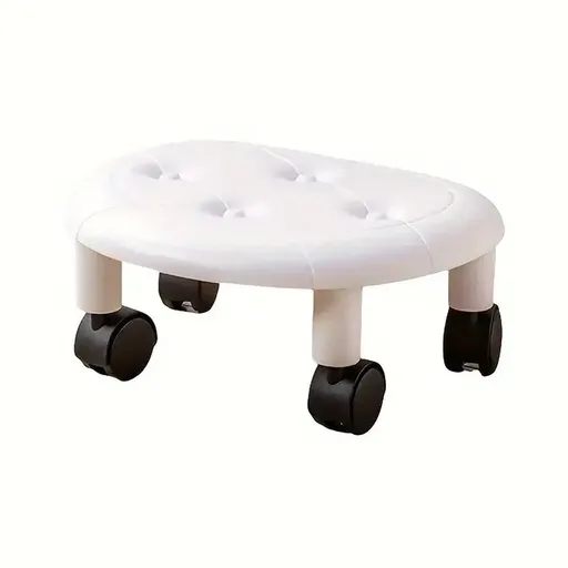 Imitation Leather Low Stool with Wheels Modern Bedroom Living Room Plastic Bench - White