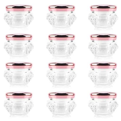 12 Pack 10g Plastic Cream Jars Cosmetic Container Refillable Sample Pot Diamond Shape Clear Makeup Vials Bottles with Pink Lids
