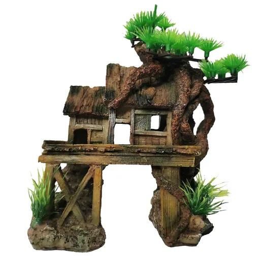 Aquarium Decorations Fish Tank Ornaments House on Terrace with Tree Root Resin Handicrafts for Betta Fish