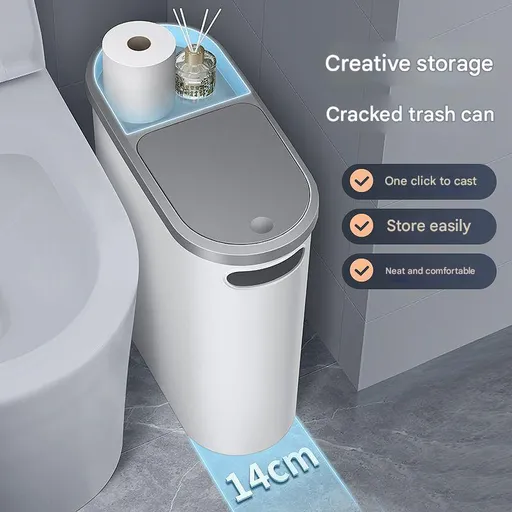 Slim Press-Top Trash Can Narrow Design with Top Storage Compartment for Bathroom and Small Spaces Ash Cover