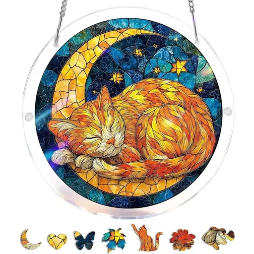 Acrylic Suncatcher Puzzle, Unique Sun Catcher Puzzle Kit Gift for Women, DIY Suncatcher Kits for Adults, Doors Garden and Window Hanging ,Cat