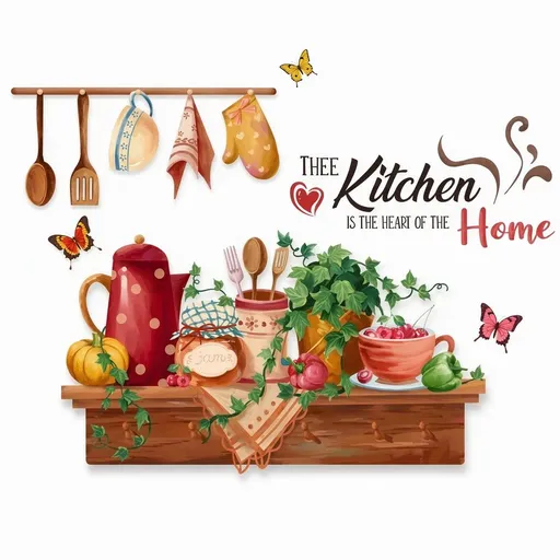 Bowl Kitchenware Utensil Shelf Wall Stickers, Butterfly Green Plants Wall Decal Removable Vinyl Peel and Stick for Kitchen Dining