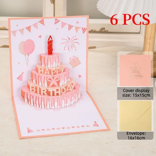 6-Pack - Cake 3D Pop-Up Birthday Cards, Papercut Foldable Greeting Gift Cards - Pink