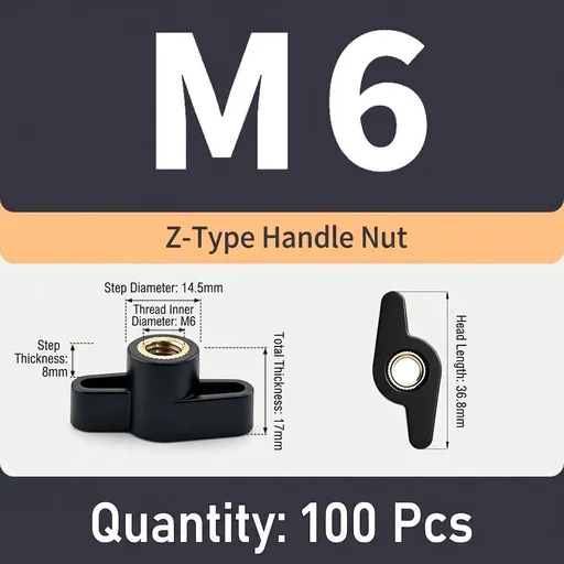 Z-Shaped Hand Knob Nut with Copper Threads for Woodworking Fixture Clamping, Machinery Adjustment, Furniture Assembly, and Food Industry Equipment Fastening Tasks (M6(100PCS ))