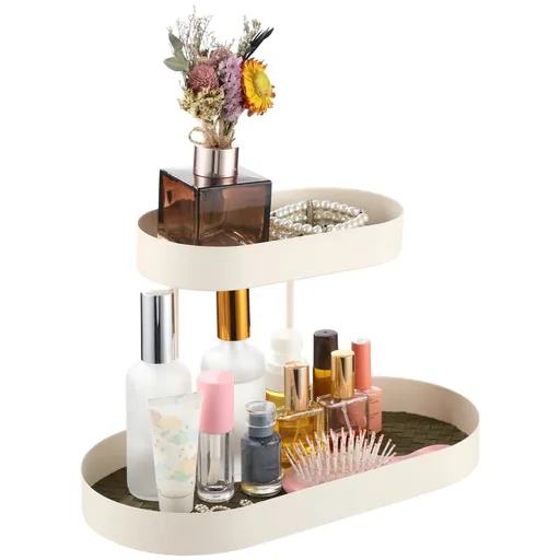 2-layer Metal Perfume Organizer, Metal Cosmetic Organizer Tray with Removable Leather Pads, Countertop Jewelry Display Rack, Vanity Storage Stand for Skincare, Trinket