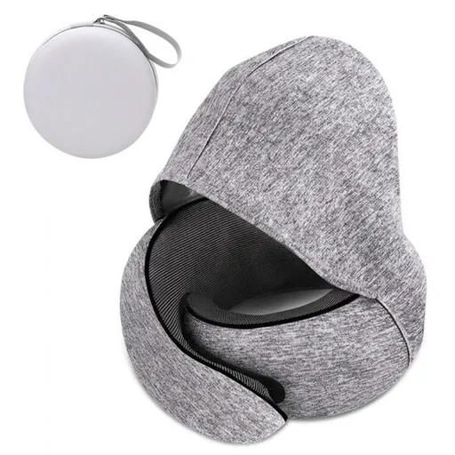 Hooded Memory Foam U-Shaped Travel Pillow, Foldable Light-Blocking for Napping on Planes and Trains—Light Gray