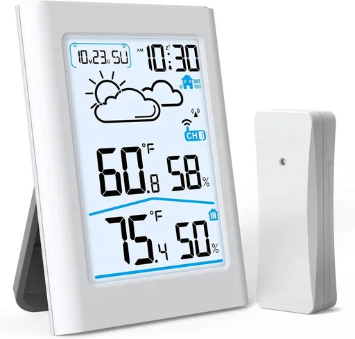 Wireless Indoor Outdoor Weather Station With Remote Sensor, Large Backlit LCD Thermometer Hygrometer, Forecast Clock Alarm For Home Office, 100 m