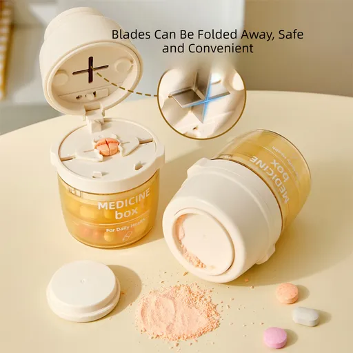 2 Pcs Beige 3-in-1 Pill Cutter, Crusher & Organizer Box with Built-in Water Cup - Portable Medicine Storage Container with Precision Quarter/Half Splitter