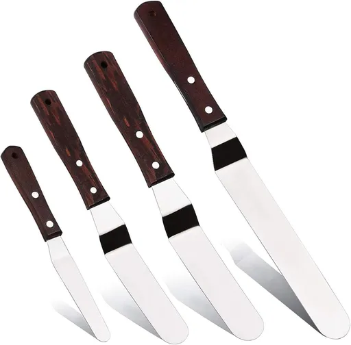 4PCS Offset Spatula Icing Spatula Set 4" 6" 8" 10" Professional Stainless Steel Cake Spatula Frosting Spatula Set with Wooden Handle (Angled)