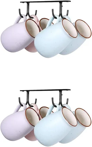 Under Cabinet Industrial Mug Holder - Space-Saving Hanging Rack for Mugs, Cups & Kitchen Accessories - 4 Hooks - 2 Pack