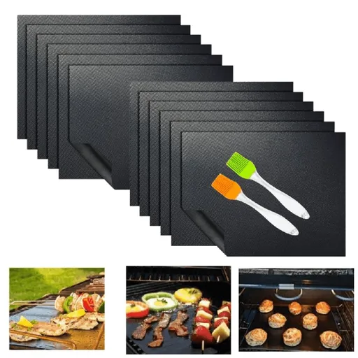 BBQ Grill Mat Set of 10, Grill Mats for Outdoor Grill,Non-stick Barbecue Grill & Baking Mats for Baking on Gas, Charcoal, Oven and Electric Grills - Reusable - Free 2 Silicone Brush