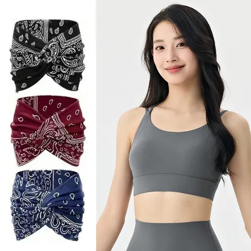 Outdoor sports combination-Grey L Size thin shoulder straps Sports Bra with Adjustable Back Buckle and 3 Pack 18cm Boho Paisley Headband Set （Black and Red and Blue）- Breathable Fixed Cup Yoga Top and Wide Elastic Hair Band for Gym Running and Daily