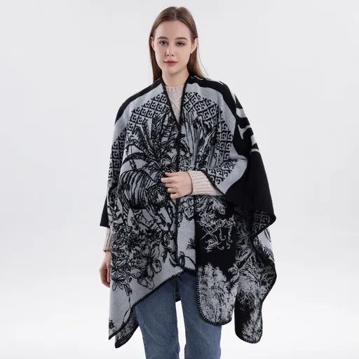 Fashion Style Cosy Knit Outfit Cape, Crafted With Faux Cashmere, Solid Black Shade